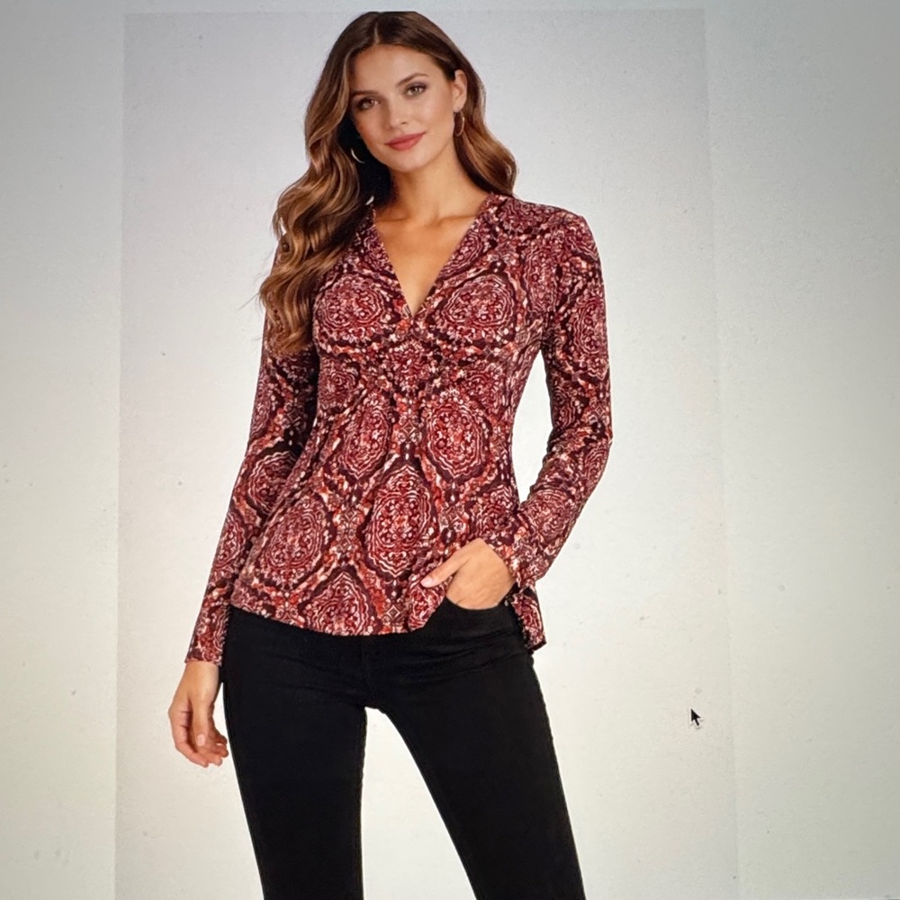 INC International Concepts Red and Black Patterned Blouse. Size Medium
